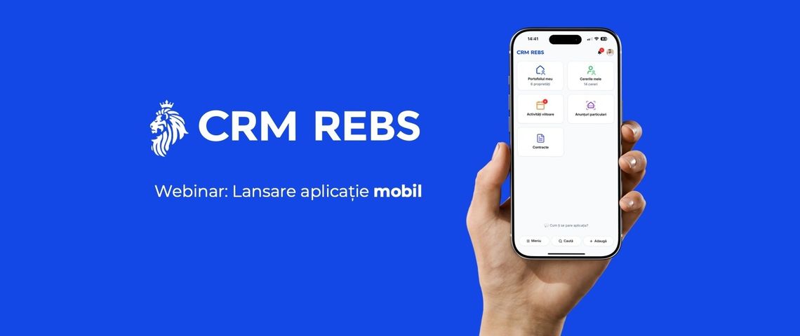 Webinar CRM REBS: lansarea aplicației mobile, cu ecranul principal al aplicației pe un telefon
