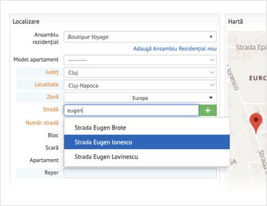Localizare automata a adreselor pe harta, in interfata CRM REBS