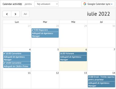 Activitati in calendar in interfata CRM REBS